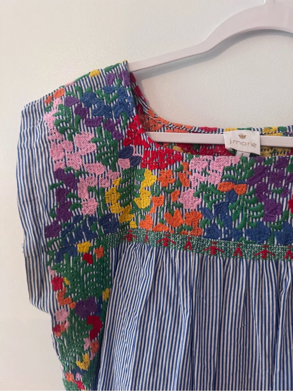 J.Marie Blue Striped Floral Mexican Embroidered Sleeveless Top - Picture 6 of 10